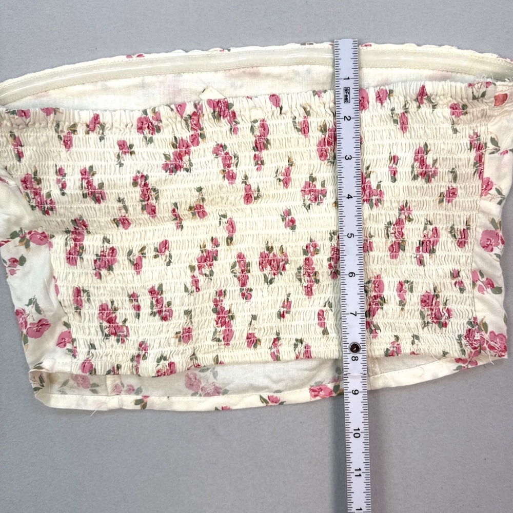 Moon Orchid Floral Tube Top Cream Pink Rose Lace Trim Smocked Back Medium - Picture 5 of 9